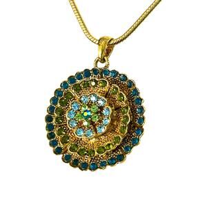 Blue and Green Floral Mandala Style Round Medallion Pendant Necklace Gold Tone